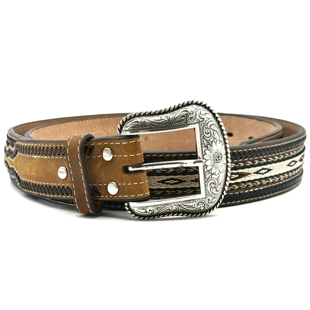 Nocona Western Leather Belt Sz 42 Brown Braided Inlay Cowboy Rodeo Silver Buckle
